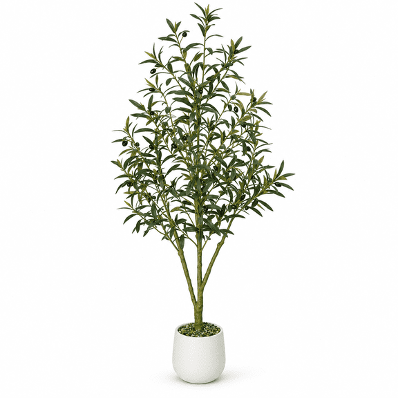 6ft Artificial Olive Tree Indoor, Tall Faux Fake Olive Plant with White Ceramic Pot, Natural Wood Trunk, Lifelike Fruits for Modern Home Living Room Office Decor