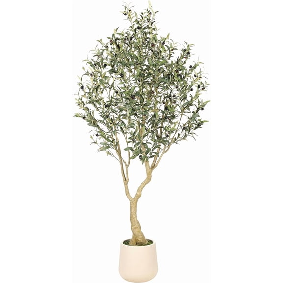 6ft Artificial Olive Tree with Tall Exquisite Planter - Realistic Faux Olive Tree with Thick Trunk and Lifelike Fruits - Large Fake Olive Tree for Home Office Decor