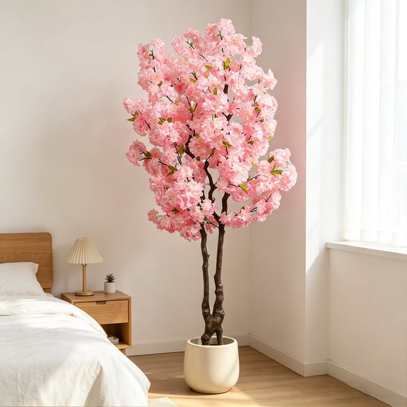 6ft Artificial Pink Cherry Blossom Tree Handmade Light Pink Cherry Tree Fake Flower Faux Plastic Leaves Plant Artificial Plants for Home Office Indoor Outdoor Spring Party Wedding Decor