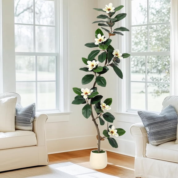 6ft Artificial Rubber Tree with 7 Pcs Magnolia Flowers,Tall Fake Tree with White Planter and Moss Decor