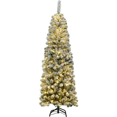 6ft Artificial Snow Flocked Christmas Tree, Pre-Lit Hinged Pencil Tree with 250 LED Lights and Metal Stand, Slim Xmas Tree for Holiday Decor