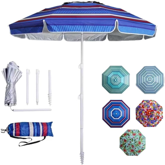 6ft Beach Umbrella - Heavy Duty Wind Resistant UV 50+ Portable Sun Shade with Sand Anchor & Carry Bag, Outdoor Folding Umbrella for Beach, Pool, Patio, Garden (Blue color strip) No Tilt The sand