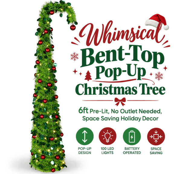6ft Bent-Top Christmas Tree, Telescopic Pre-Lit Artificial Christmas Tree with 100 Warm White LED Lights, 8 Modes and Red Ball Ornaments