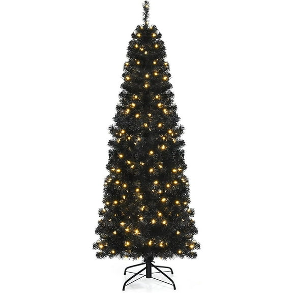 6ft Black Christmas Pencil Tree, Pre-lit Artificial Slim Tree w/ 300 Replaceable Warm White Lights, Hinged PVC Tree for Holiday Festival Use, Metal Base Included