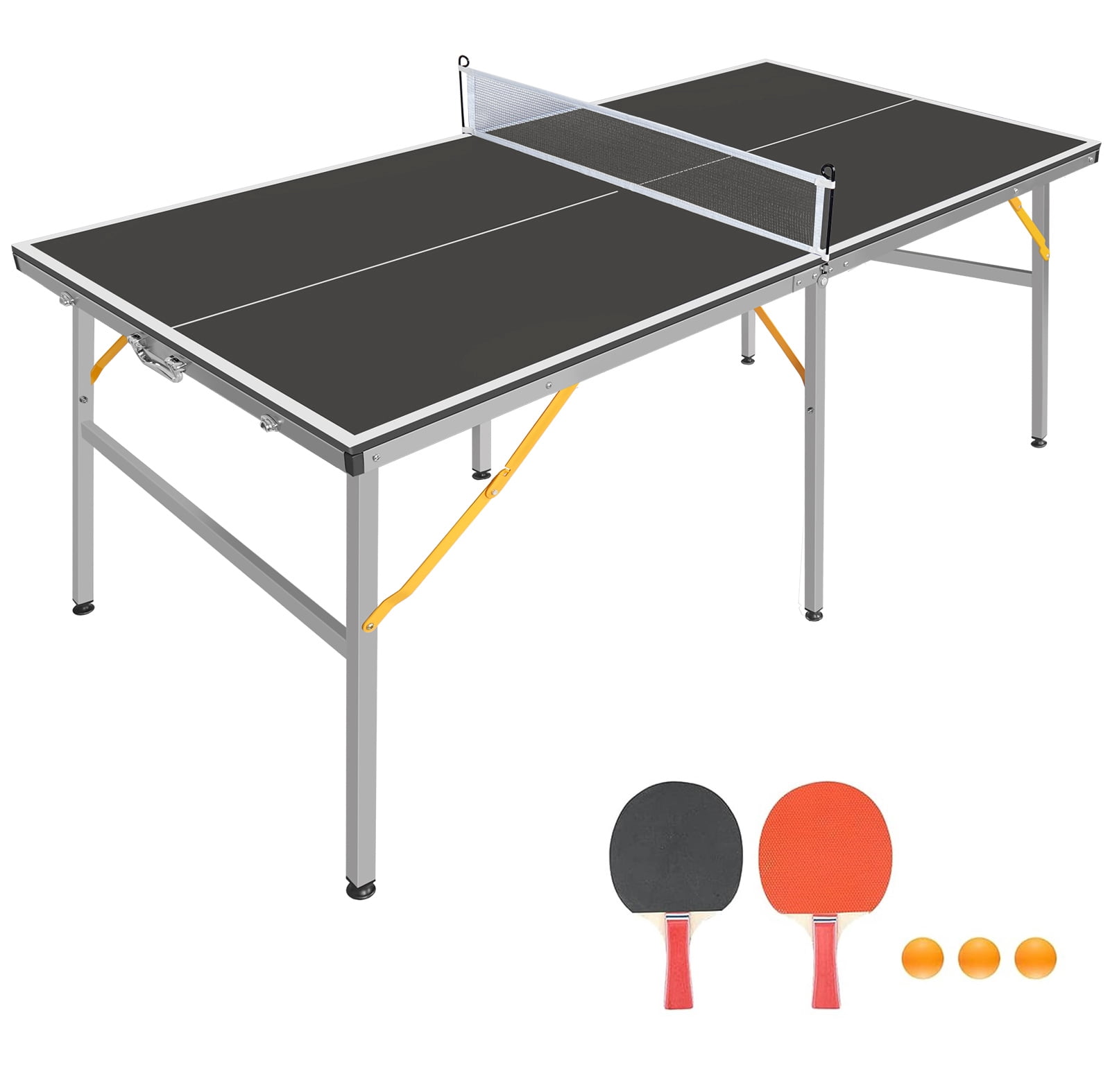 6ft Black Foldable Ping Pong Table, Portable Mid-Size Table Tennis Set with Net, 2 Paddles & 3 Balls, Aluminum Frame for Indoor Outdoor Use
