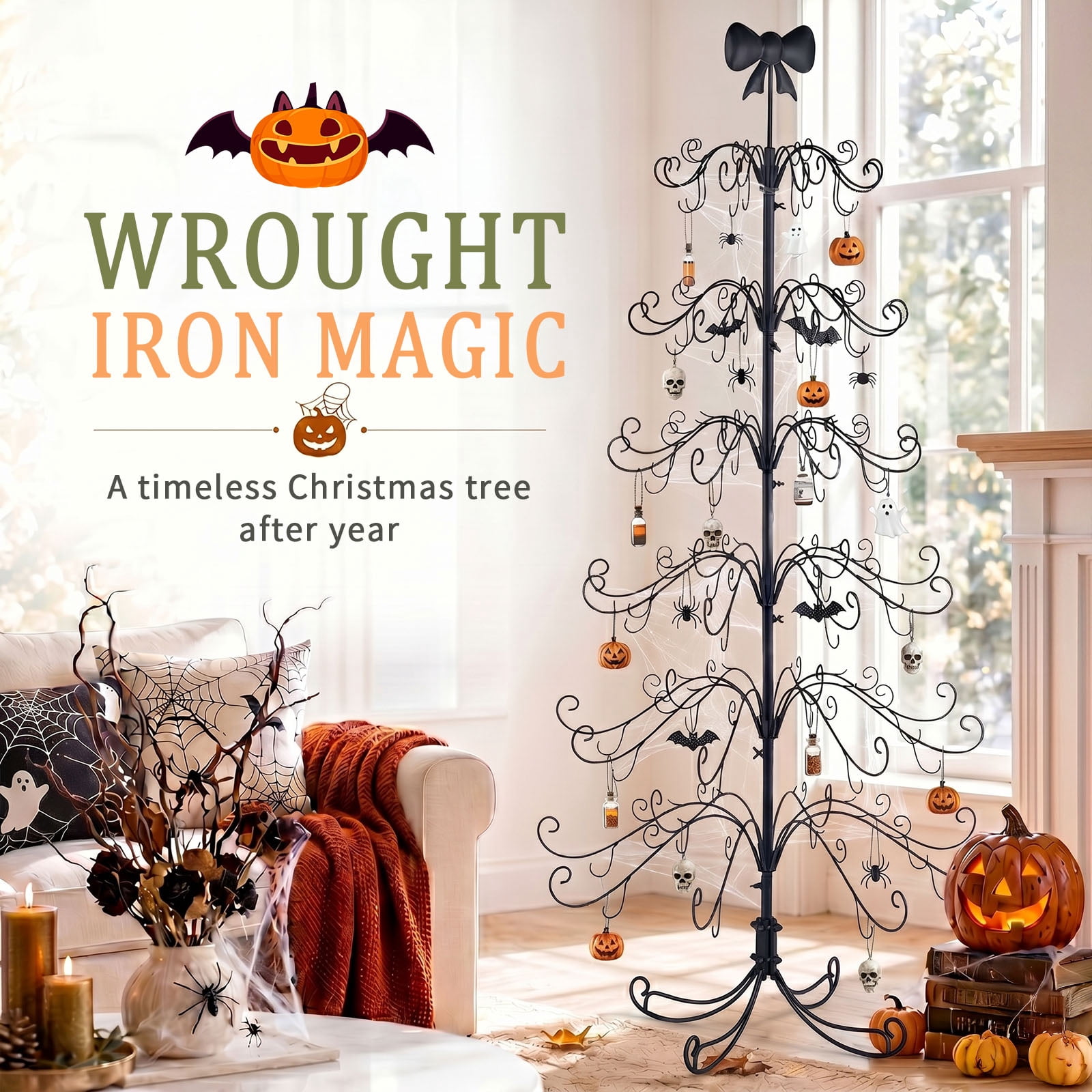 6ft Black PVC Metal Artificial Tree with Bow Topper, No Extra Ornaments, Daily Decor Tree