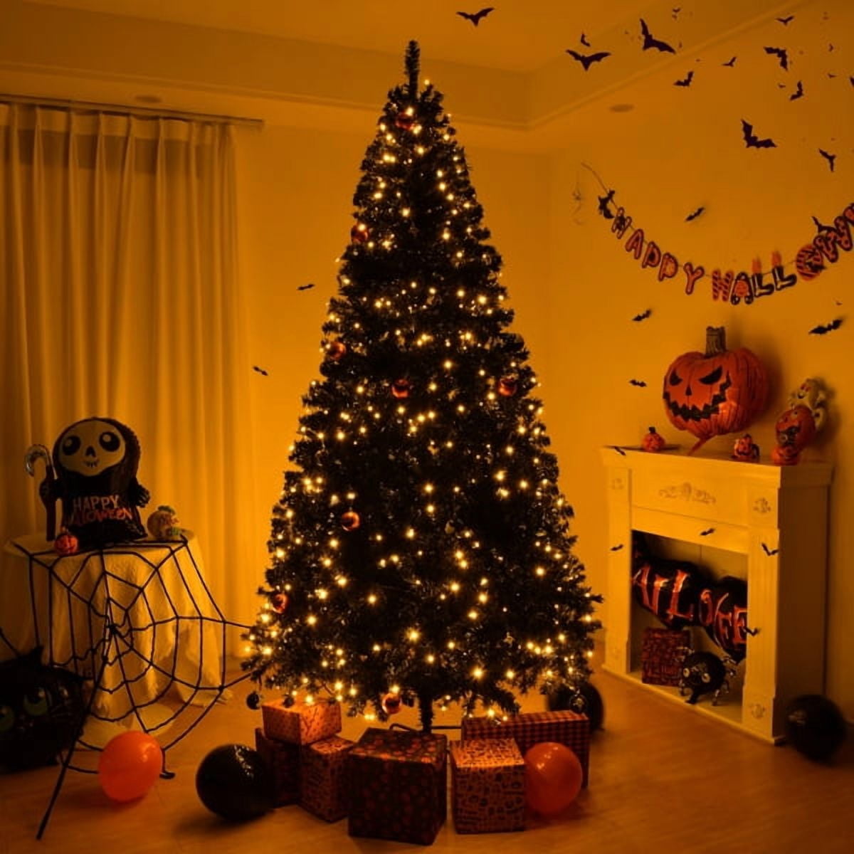 6ft Black Pre-lit Christmas Tree with 250 LED Lights & Remote, 900 Branch Tips, Hinged Xmas Pine Tree for Home/Office Holiday