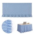 thumbnail image 1 of 6ft Blue White Gingham Ruffled Table Skirt, Checkered Elastic Draped Desk Skirt, Hook and Loop Full Cover Decor for Classroom Wedding Birthday Indoor, 1 of 8