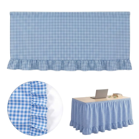 6ft Blue White Gingham Ruffled Table Skirt, Checkered Elastic Draped Desk Skirt, Hook and Loop Full Cover Decor for Classroom Wedding Birthday Indoor