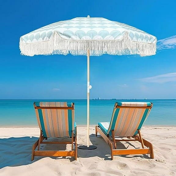 6ft Boho Beach Umbrellas with Tassels Outdoor Fringe Umbrella UV 50+ Waterproof Wind Resistant Patio Table Umbrella with Knob Tilt Portable Outside Umbrellas For Garden Deck Backyard Pool