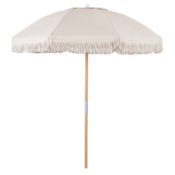 6ft Boho Patio Umbrella with Tassels Beech Wood Pole Fiberglass Ribs Push Button Tilt Outdoor Umbrella White