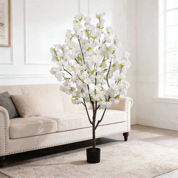 6ft Cherry Blossom Artificial Tree Handmade White Cherry Tree Fake Flower Faux Plastic Green Leaves Plant Artificial Floral Plants for Home Office Indoor Outdoor Spring Party Wedding Decor