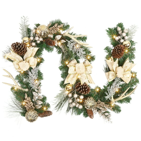 6ft Christmas Garland with Lights, Prelit Outdoor Christmas Garland with 20 LED Lights Pine Cones Gold Ball Ornaments Ribbon and Antlers for Staircase Banister Fireplace Door Table Indoor Outdoor