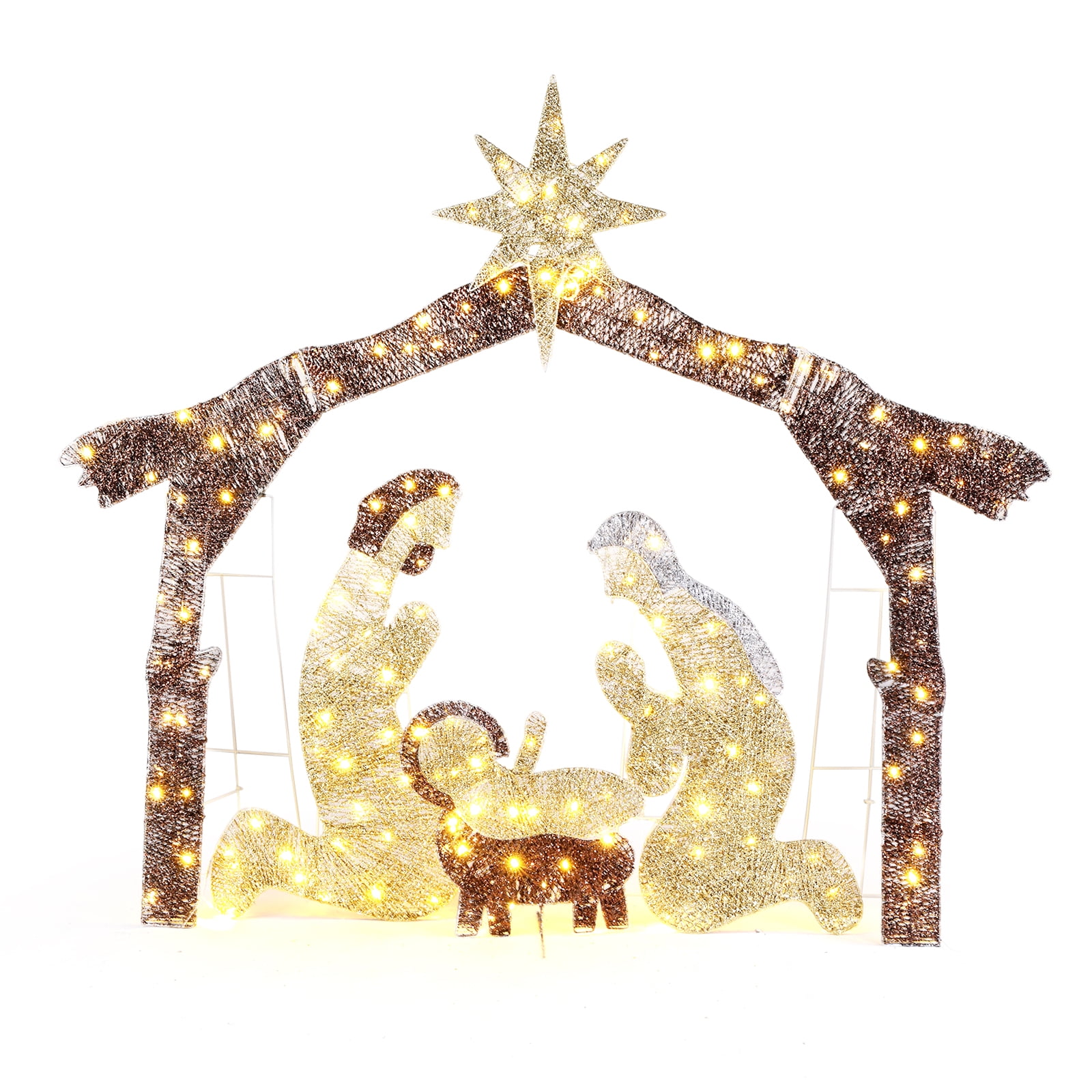 6ft Christmas Nativity Scene Decoration Brown Roof with 190 LED Lights Durable Garden Jesus Mary Joseph Set Easy-Install Reusable Outdoor Holiday Decor