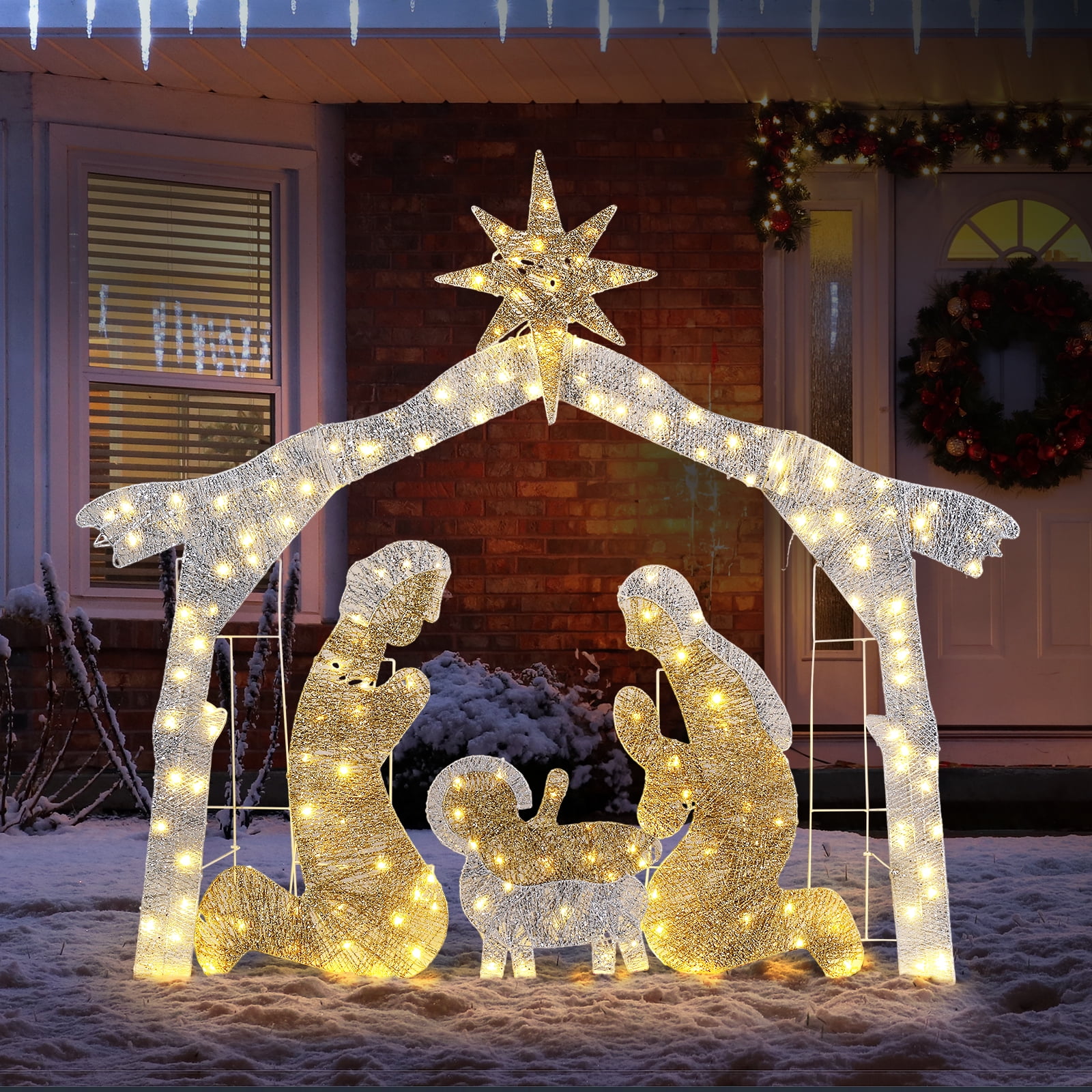 6ft Christmas Nativity Scene Decoration Silver Roof with 190 LED Lights Durable Garden Jesus Mary Joseph Set Easy-Install Reusable Outdoor Holiday Decor