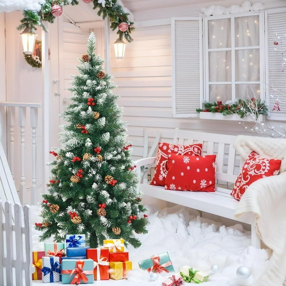 6ft Christmas Tree, Cedar Tree,Artificial Christmas Tree, Fake Christmas Tree, The Best Choice for Christmas Decorations, Party Decorations (Cedar Tree Contains Pine Cones and red Fruit)