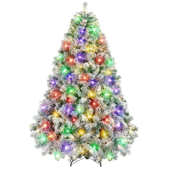 6ft Christmas Tree, Snow Flocked Pine Tree with 260 Warm-White & Multicolored Lights For Home, Office, Party Decoration