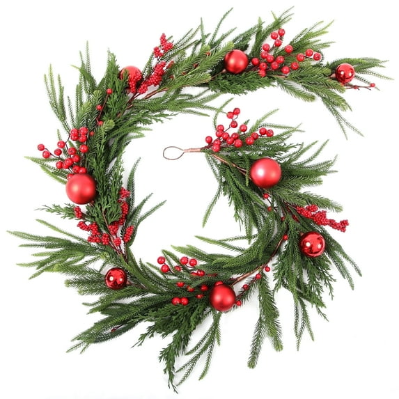 Nafresh 6ft Artificial Christmas Garland, 72" Real Touch Norfolk Pine Garland with Red Berries and Balls for Fireplace, Staircase, Window, Front Door Christmas Decor, Red