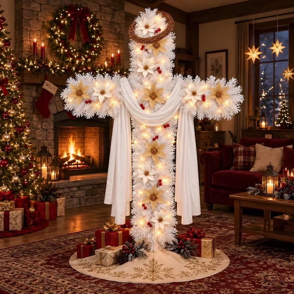 6ft Cross Christmas Tree with Lights & Scarf, Artificial PVC Xmas Tree ...