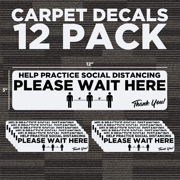 6ft Distance Markers Removable Carpet Decals for Social Distancing 3"x12" (Pack of 12) - Made in The U.S.A.