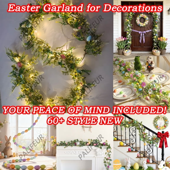 6ft Easter Garland with Faux Greenery & 12 Hanging Easter Eggs - Premium Spring Garland for Indoor Outdoor Easter Party Decorations, Mantel, Staircase, Fence, Home Decor by PALIFEUR