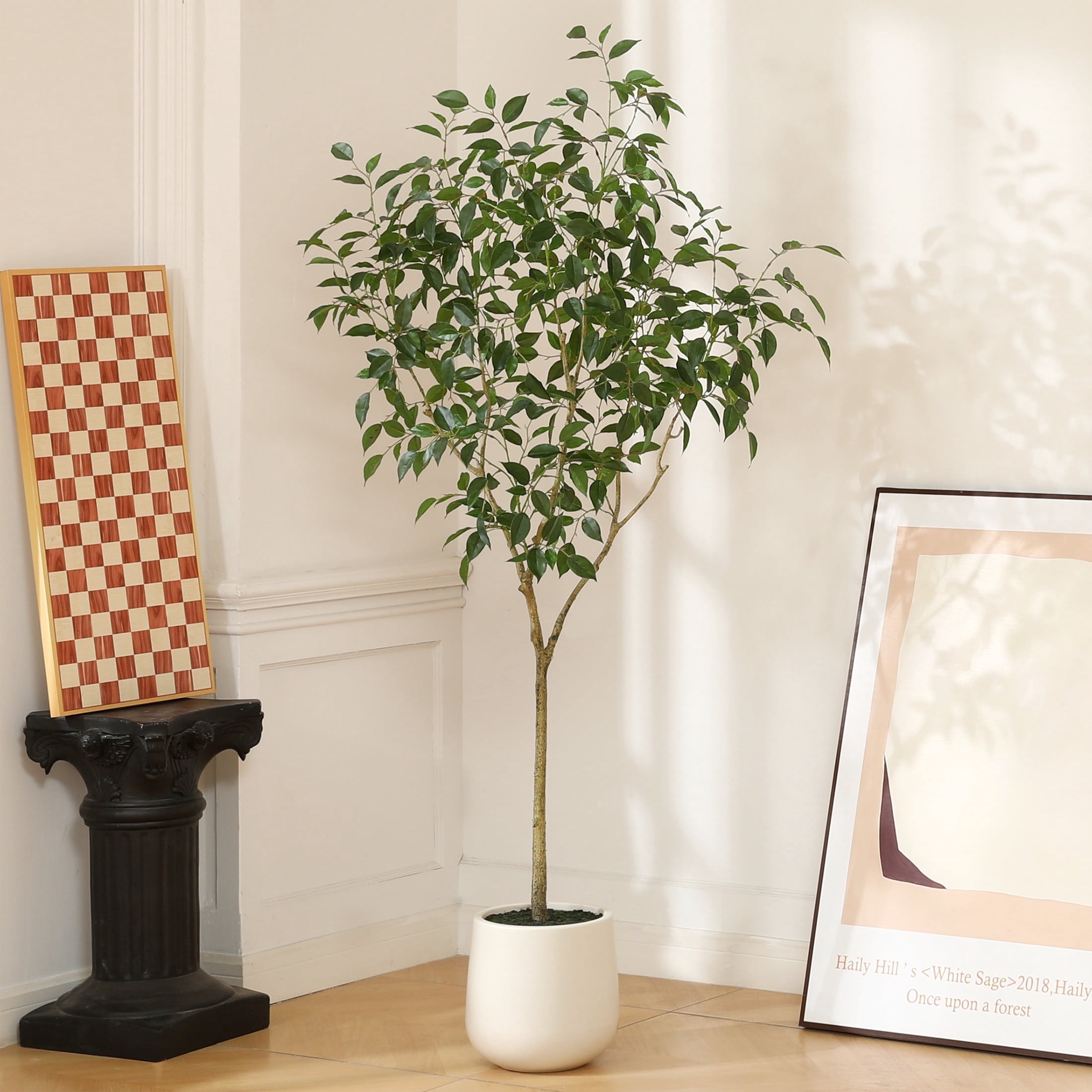 DR.Planzen 6ft Fake Ficus Tree with Oval White Planter, Pre Potted Faux Greenry Plant for Home Decor Office House Living Room Indoor Outdoor, Big Fake Plants Fake House Plants