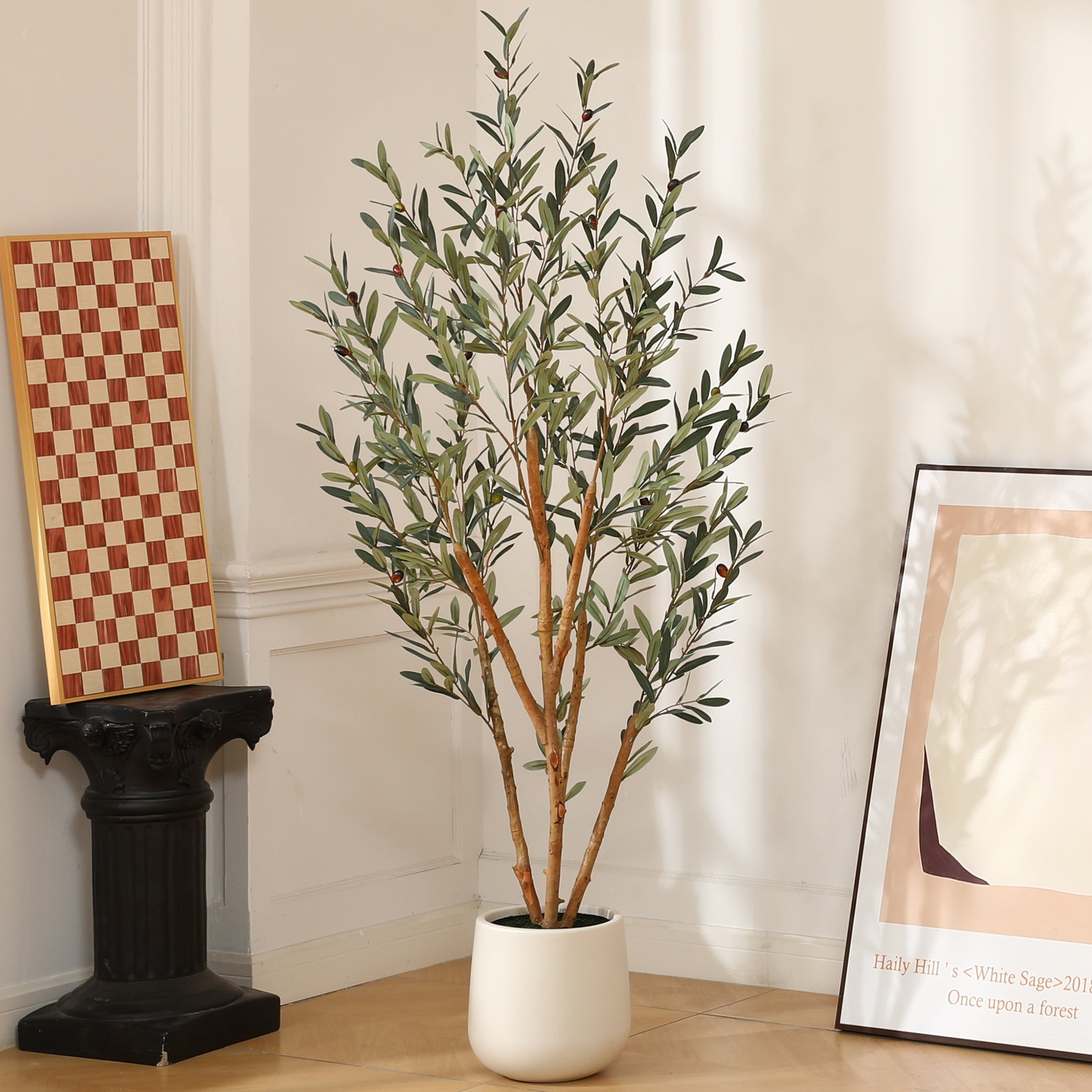 6ft Fake Olive Tree with Oval White Planter, Artificial Olive Plants with Realistic Leaves and Natural Trunk, Big Fake Plants for Home Decor