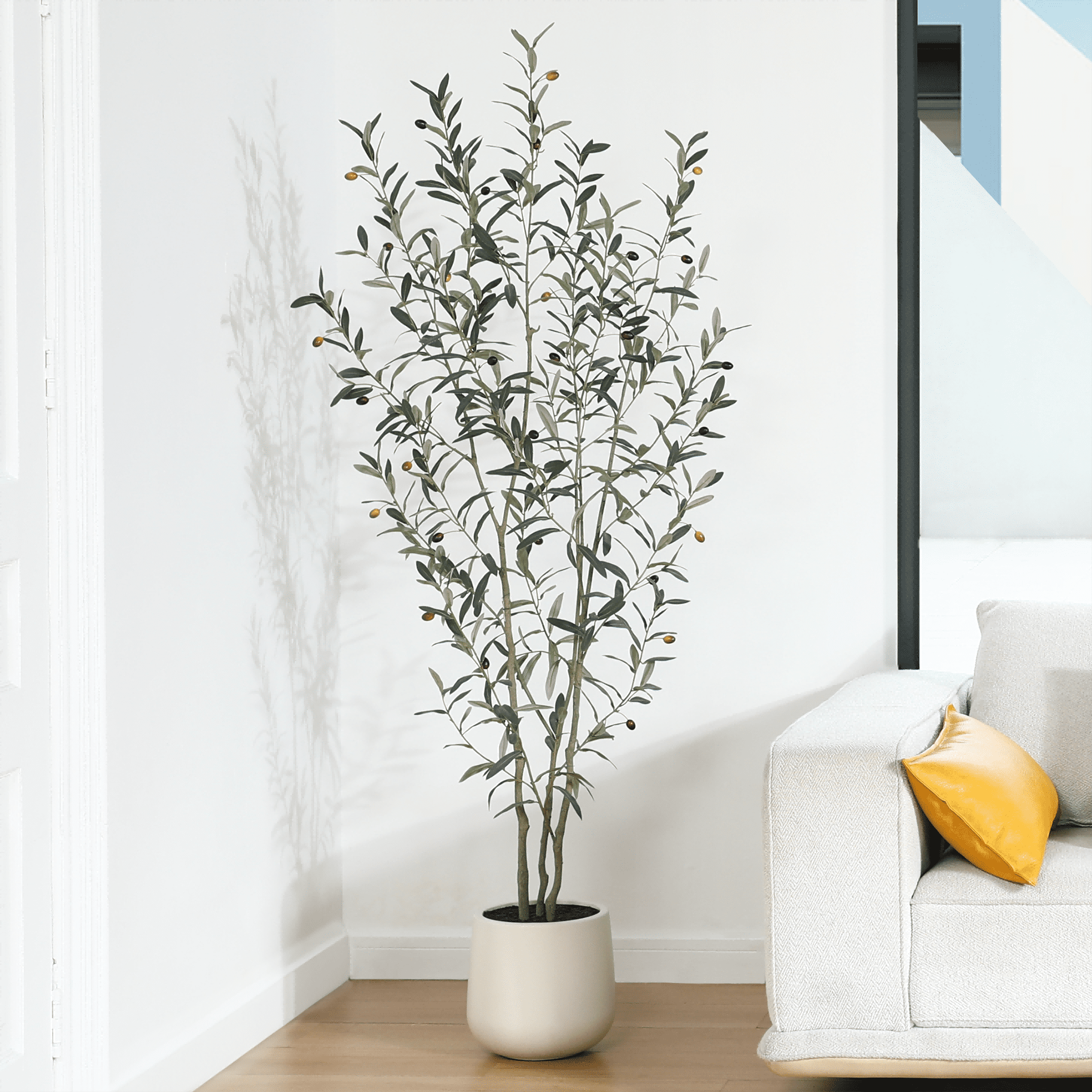 6ft Fake Plastic Olive Tree with Oval White Planter, Pre Potted Faux Greenry Plant for Home Decor Office House Living Room Indoor Outdoor, Big Fake Plants Fake House Plants