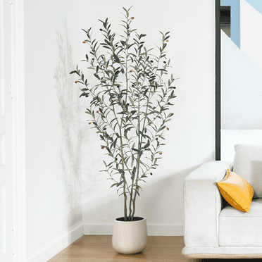 6ft Fake Plastic Olive Tree with Oval White Planter, Pre Potted Faux Greenry Plant for Home Decor Office House Living Room Indoor Outdoor, Big Fake Plants Fake House Plants