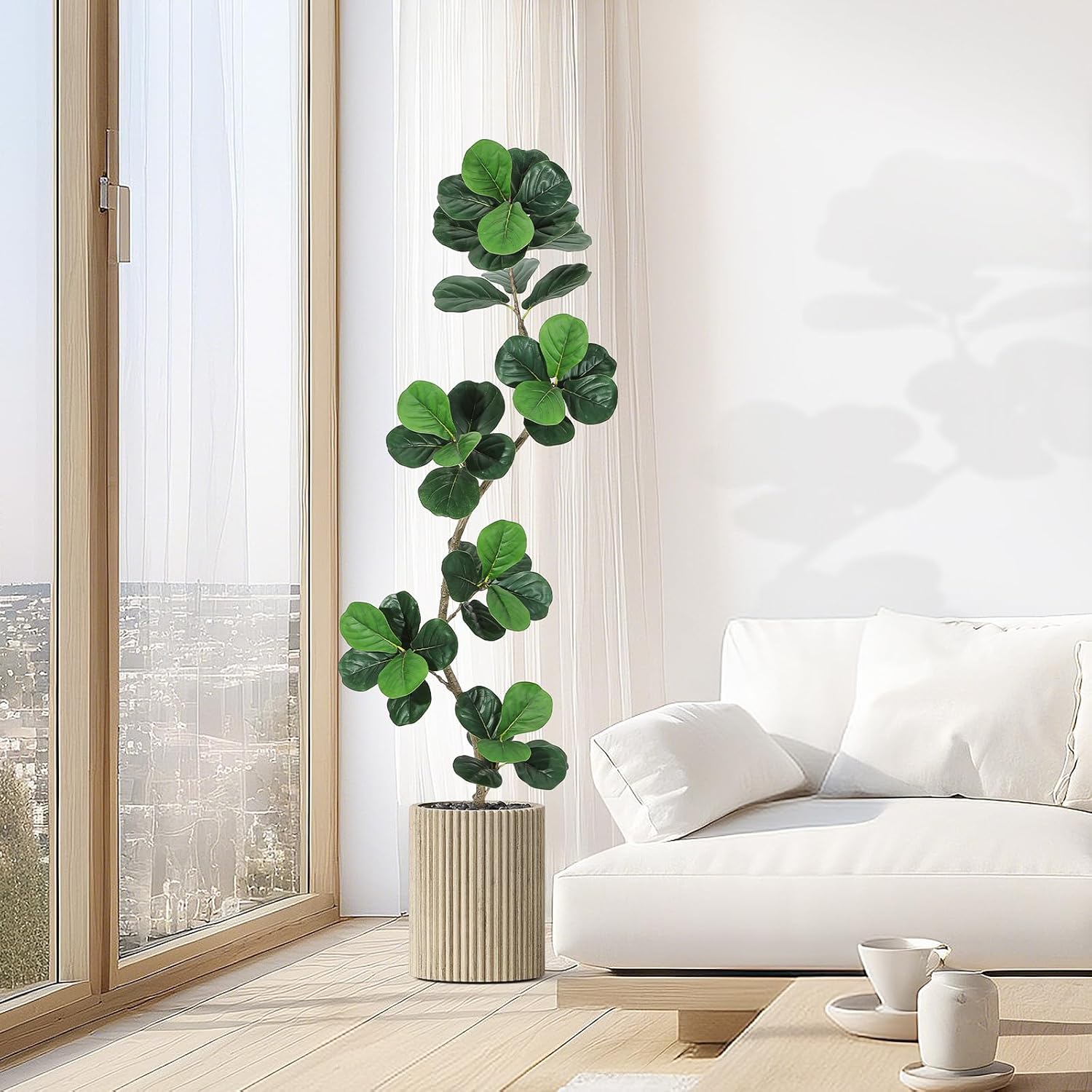 6ft Fiddle Leaf Fig Artificial Tree, Fake Rubber Tall Fake Floor Plant in Pot, Faux Plants Indoor with Moss, for Home Office Living Room Decor, with White Planter