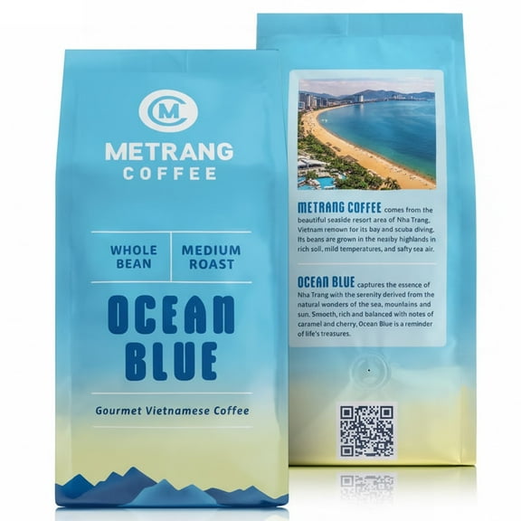 Metrang Coffee Ocean Blue Vietnamese Whole Bean Coffee, Medium Roast, Naturally Caffeinated, 1 lb