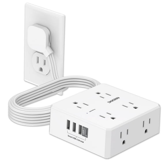 6ft Flat Plug Power Strip - 8 Outlets and 4 USB Ports (1 USB C), Extension Cord for Home Office, Etl