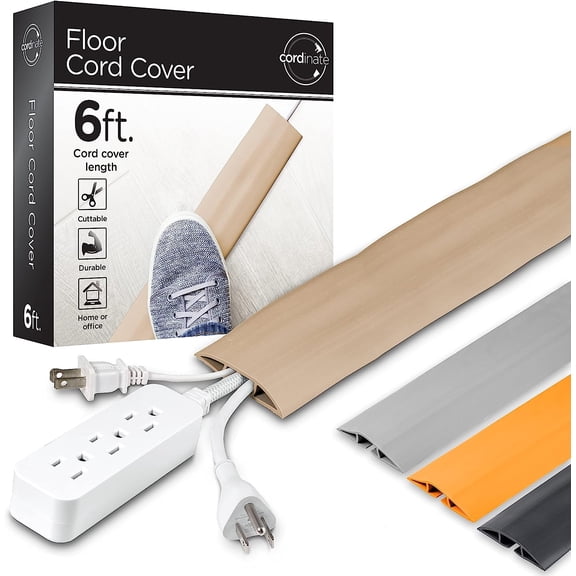 6ft Floor Cord Cover, Cable Protector, Hide Extension Cords, Protect Cords, Prevent Cable Trips, Heavy Duty Cord Hider - Cable Cavity = 0.75" (W) x 0.43" (H) - Tan