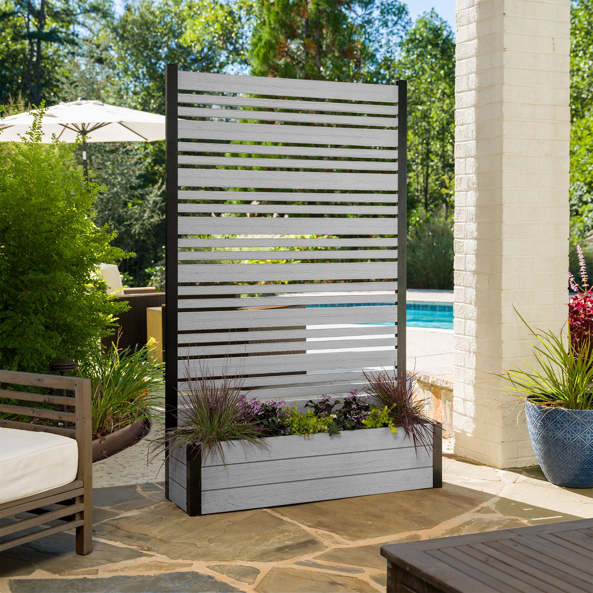 72in Ash Vinyl Privacy Screen with Planter Box