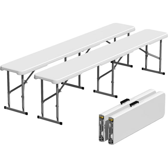 6ft Folding Bench 2 Pack, Plastic Folding Bench for Picnic Camping Dining Party Garden, 6 feet Foldable Benches for Soccer Multipurpose Entertaining Activities, Smooth HDPE Tabletop, White