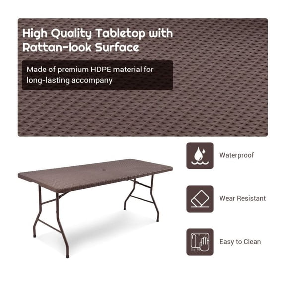 6ft Folding Portable Rattan Table with Handle - Outdoor Picnic Camping Table - HDPE Tabletop & Steel Frame - 330lbs Capacity