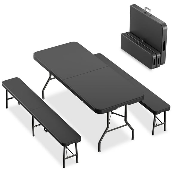 6ft Folding Table and 2 Benches Set, 3-Piece Portable Outdoor Furniture with Waterproof HDPE Tabletop, Sturdy Metal Frame & Non-Slip Surface for Camping, Picnic, Backyard & Indoor Use(Black)