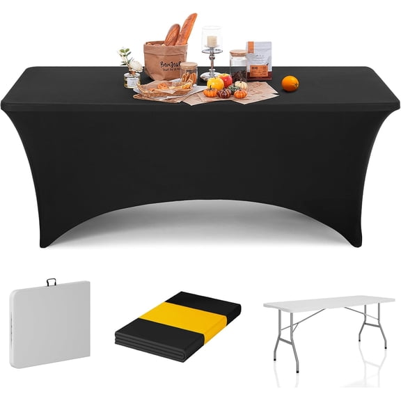6ft Folding Table with Black Table Cloth Indoor, Foldable Desk with HDPE Tabletop, Safety Locks, Easy to Carry and Store, No-Assembly Outdoor Camping Table for Dining, Party, Picnic, White