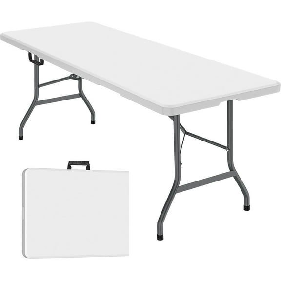 6ft Folding Table, Foldable HDPE Dining Table for Picnic, Camping, Party, Display with Carrying Handle - White