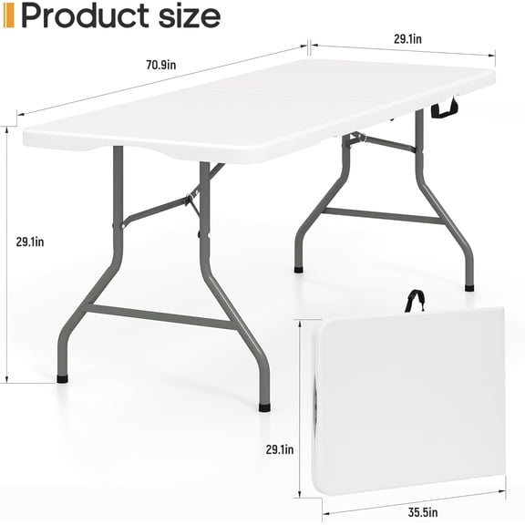 6ft Folding Table Heavy Duty 350 LBS Foldable Table with 18% Thicker HDPE Top Reinforced Steel Frame Portable Fold-in-Half Table Under 22 lbs for Outdoor Indoor Party Wedding Camping White
