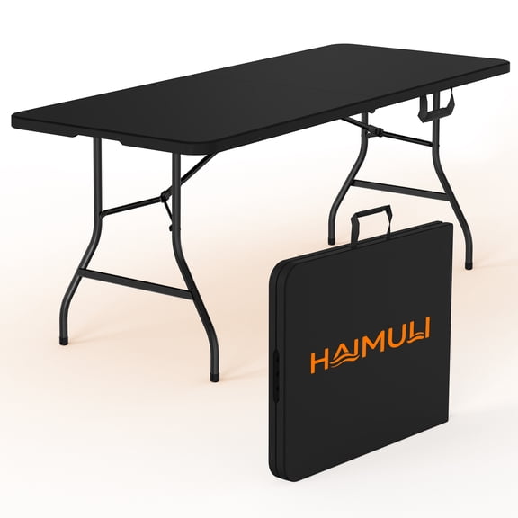 6ft Folding Table - Heavy Duty Fold-in-Half Plastic Table, Portable Utility Tables with Steel Legs for Events, Camping, Indoor & Outdoor Use (Black)