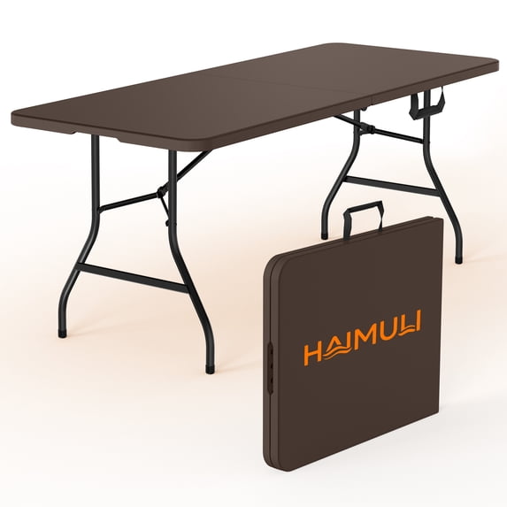 6ft Folding Table - Heavy Duty Fold-in-Half Plastic Table, Portable Utility Tables with Steel Legs for Events, Camping, Indoor & Outdoor Use (Brown)