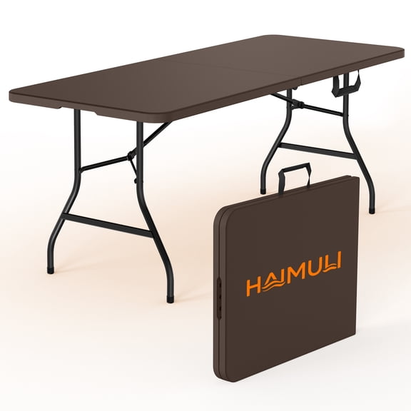 6ft Folding Table - Heavy Duty Fold-in-Half Plastic Table, Portable Utility Tables with Steel Legs for Events, Camping, Indoor & Outdoor Use (Brown)