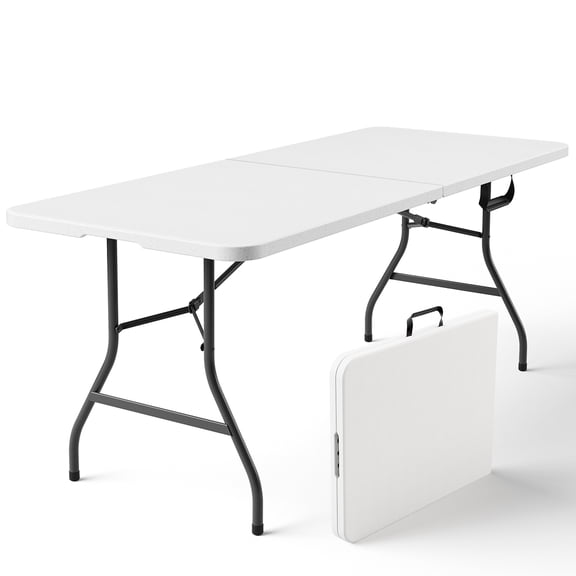 6ft Folding Table - Heavy Duty Fold-in-Half Plastic Table, Portable Utility Tables with Steel Legs for Events, Camping, Indoor & Outdoor Use (White)