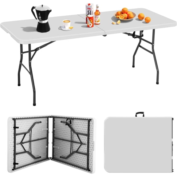 6ft Folding Table, Heavy Duty Foldable Table with Handle, Portable Fold-in-Half Utility Tables for Indoor & Outdoor Use Perfect for Camping BBQ Party Wedding Market Events, White
