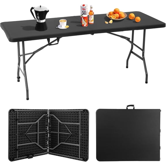 6ft Folding Table, Heavy Duty Foldable Table with Handle, Portable Fold-in-Half Utility Tables for Indoor & Outdoor Use Perfect for Camping BBQ Party Wedding Market Events, Black
