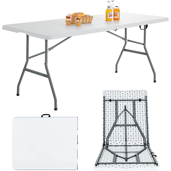 6ft Folding Table, Indoor Outdoor Foldable Plastic Folding Tables, Heavy-Duty Rectangular Fold Up Table w/Handle, Portable Utility Card Table for Picnic, Party, Dining, Camping, Beach, White