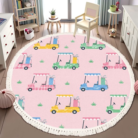 6ft Golf Theme Rug, Pink Colorful Golf Carts Grass Washable Area Rugs Preppy Floor Carpet Non Slip Rugs for Nursery Bedroom Playroom Classroom Dorm