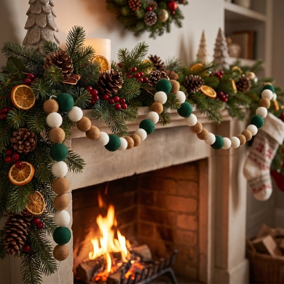 6ft Green Flocked Ball Garland, Velvet Christmas Ball String, 71*4in Tree Hanging Ornament, Stylish Accessory for Christmas Wreath, Tree and Holiday Scene Decoration Scenes