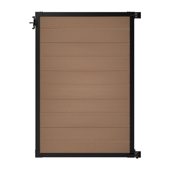 6ft H x 4ft W WamBam Privacy Fence Gate, Composite Fence Gate Kit with Aluminum Frame, Woodgrain Boards, No-Dig Install, UV Resistant Outdoor Gate for Backyard Patio or Pool, Walnut Brown BL19116